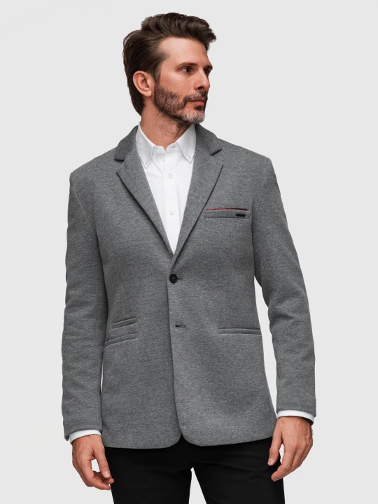 Zdjęcie produktu Dzianinowa męska marynarka o dopasowany kroju SLIM FIT - jasnoszara V2 - Rozmiar: S Ombre Clothing jasny szary