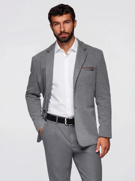 Zdjęcie produktu Dzianinowa męska marynarka o dopasowanym kroju - jasnoszara V2 - Rozmiar: XL Ombre Clothing jasny szary
