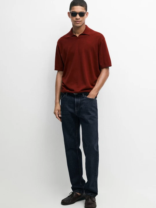 Zdjęcie produktu Dzianinowe Polo Ze 100% Bawełny Z Dekoltem W Serek - Ognista Pomarańcza - Massimo Dutti - Male