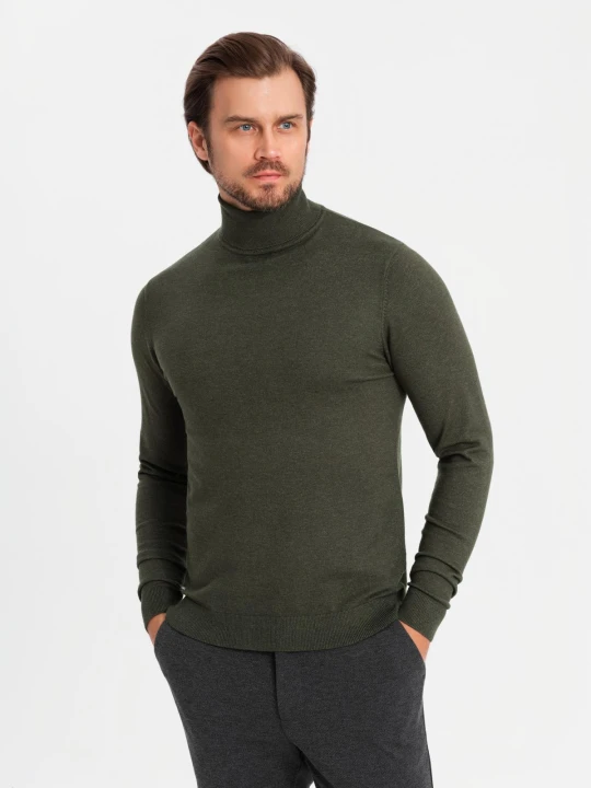 Zdjęcie produktu Dzianinowy golf męski z wiskozą – ciemnooliwkowy melanż V5 - Rozmiar: XL Ombre Clothing ciemnozielony