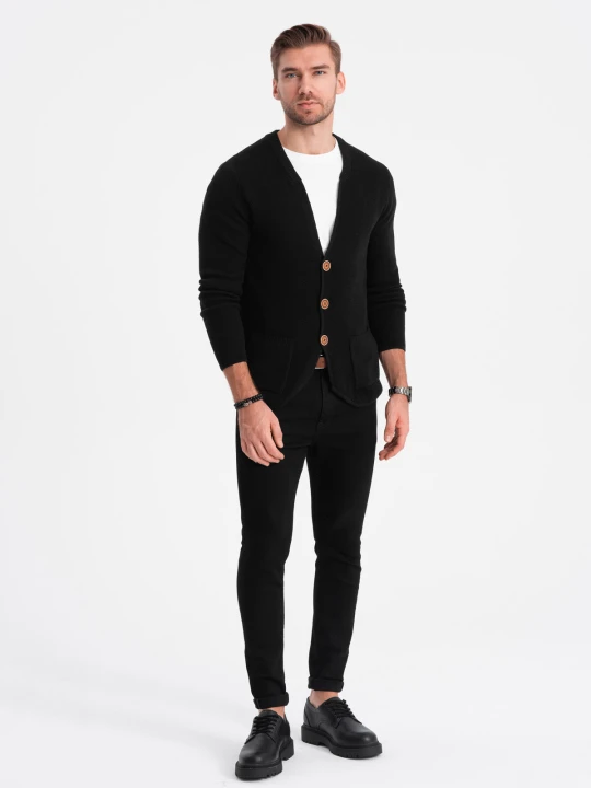 Zdjęcie produktu Dzianinowy kardigan męski z kieszeniami i ozdobnymi guzikami – czarny V1 Ombre Clothing
