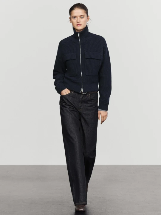 Zdjęcie produktu Dzianinowy Kardigan Na Suwak Z Bawełną - Granatowy - Massimo Dutti - Female