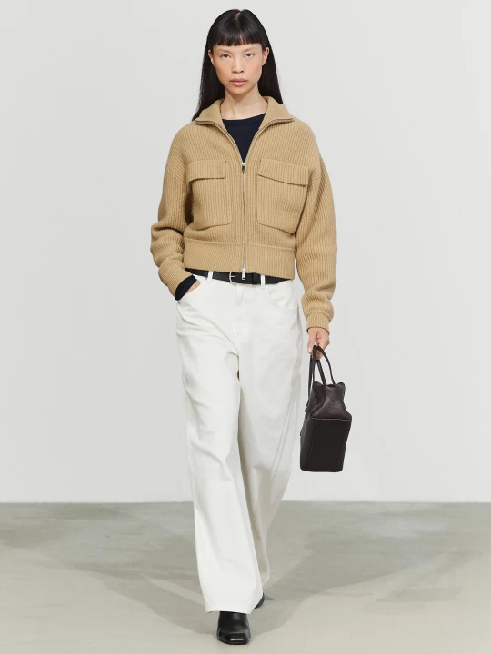 Zdjęcie produktu Dzianinowy Kardigan Na Suwak Z Bawełną - Wielbłądzi - Massimo Dutti - Female