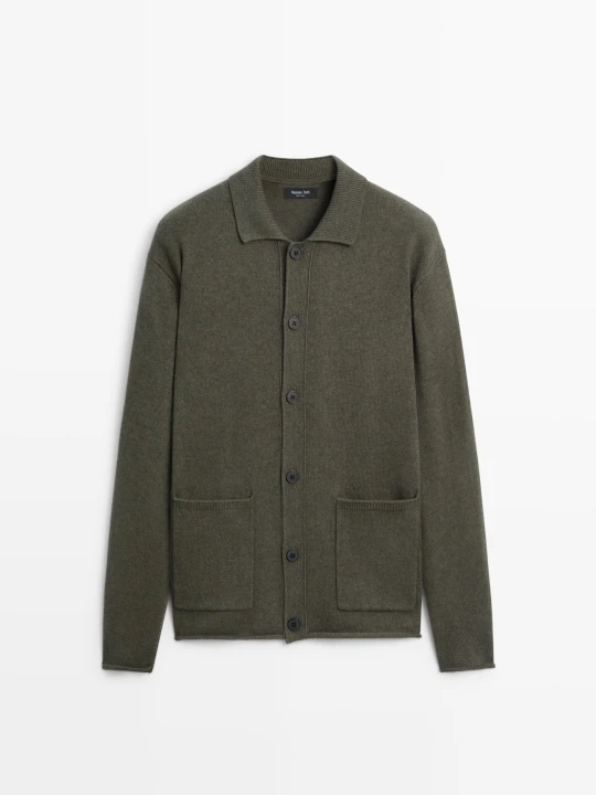 Zdjęcie produktu Dzianinowy Kardigan Polo Z Wełną - Khaki - Massimo Dutti - Male