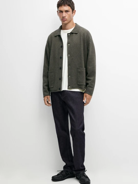 Zdjęcie produktu Dzianinowy Kardigan Polo Z Wełną - Khaki - Massimo Dutti - Male