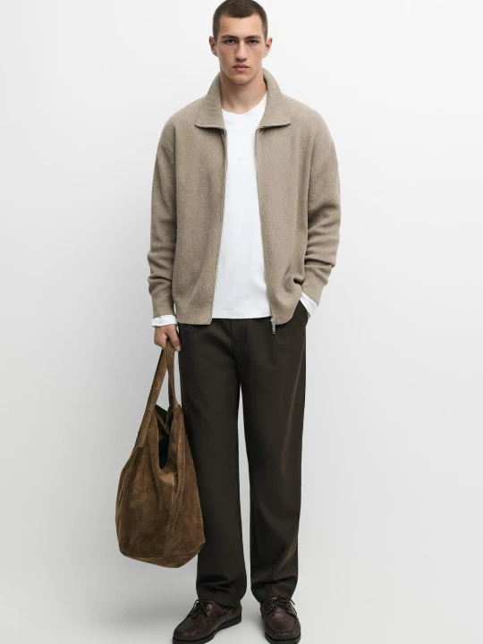 Zdjęcie produktu Dzianinowy Kardigan W Prążki Ze 100% Bawełny - Zielony Wodnisty - Massimo Dutti - Male