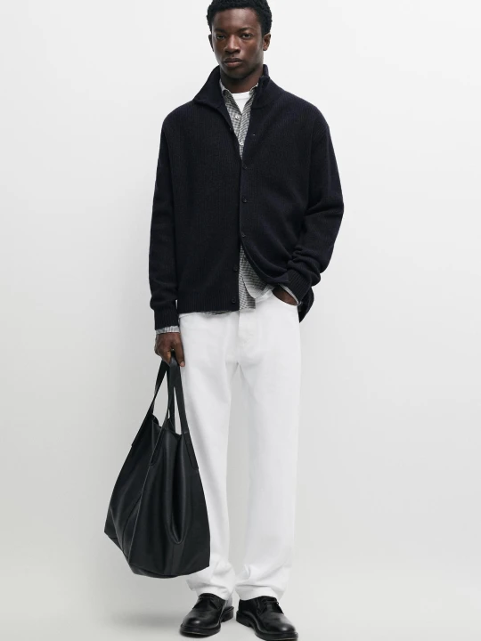 Zdjęcie produktu Dzianinowy Kardigan Z Guzikami Z Mieszanki Wełny - Granatowy - Massimo Dutti - Male