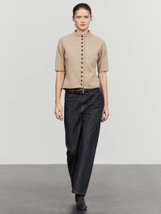 Zdjęcie produktu Dzianinowy Kardigan Z Kołnierzem Kominowym Ze 100% Wełny - Beżowy Pop - Massimo Dutti - Female