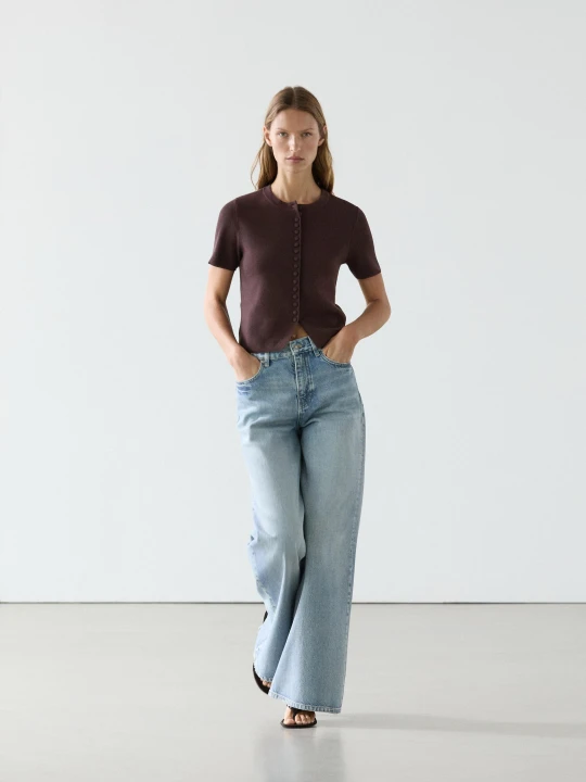 Zdjęcie produktu Dzianinowy Kardigan Z Krótkim Rękawem Z Bawełny - Brązowy - Massimo Dutti - Female
