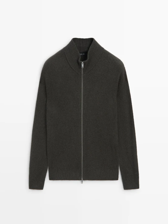 Zdjęcie produktu Dzianinowy Kardigan Z Wełną I Suwakiem - Szarawozielony - Massimo Dutti - Male