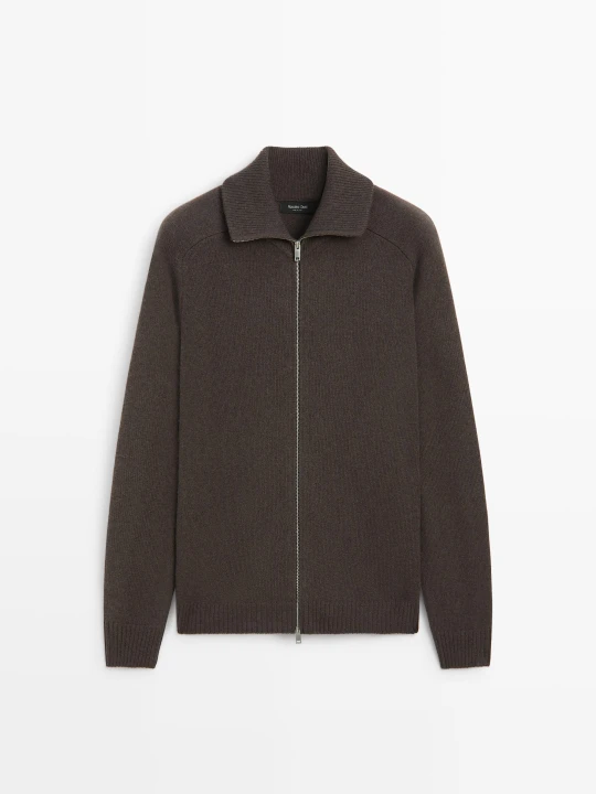 Zdjęcie produktu Dzianinowy Kardigan Z Wełnianej Mieszanki Zapinany Na Suwak - Brązowy - Massimo Dutti - Male