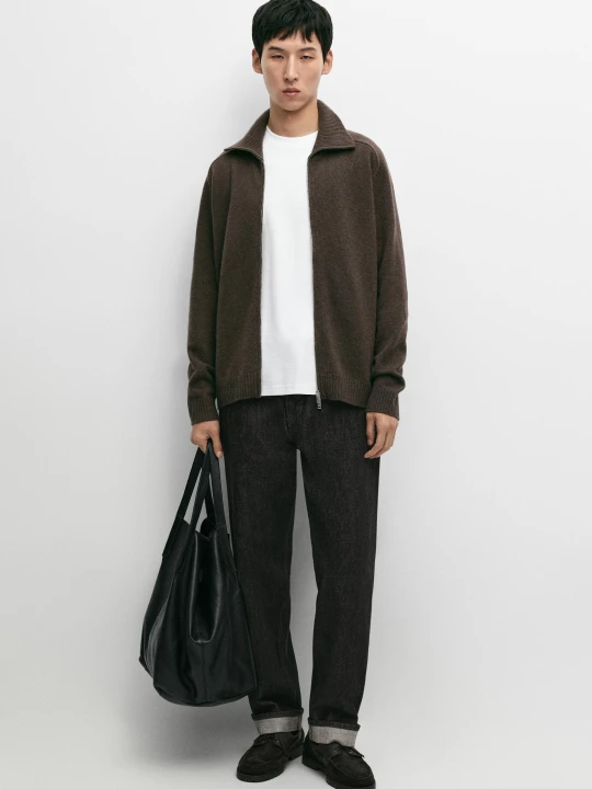 Zdjęcie produktu Dzianinowy Kardigan Z Mieszanki Wełny Zapinany Na Suwak - Brązowy - Massimo Dutti - Male