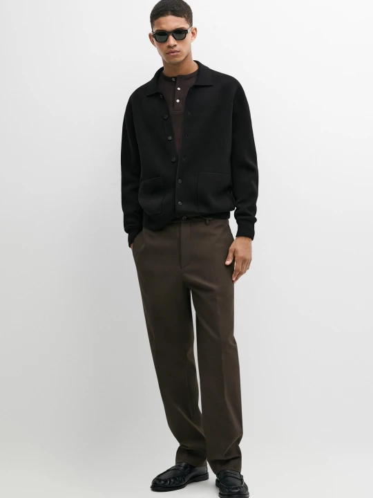 Zdjęcie produktu Dzianinowy Kardigan Ze 100% Bawełny Z Kołnierzykiem Polo - Czarny - Massimo Dutti - Male