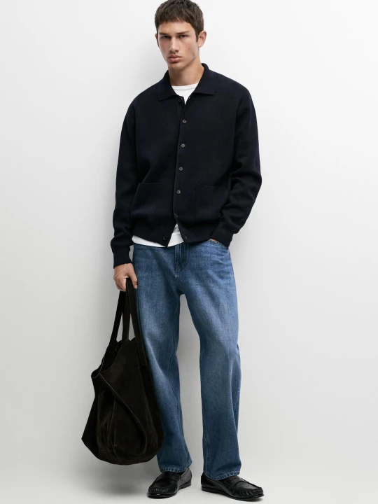 Zdjęcie produktu Dzianinowy Kardigan Ze 100% Bawełny Z Kołnierzykiem Polo - Granatowy - Massimo Dutti - Male