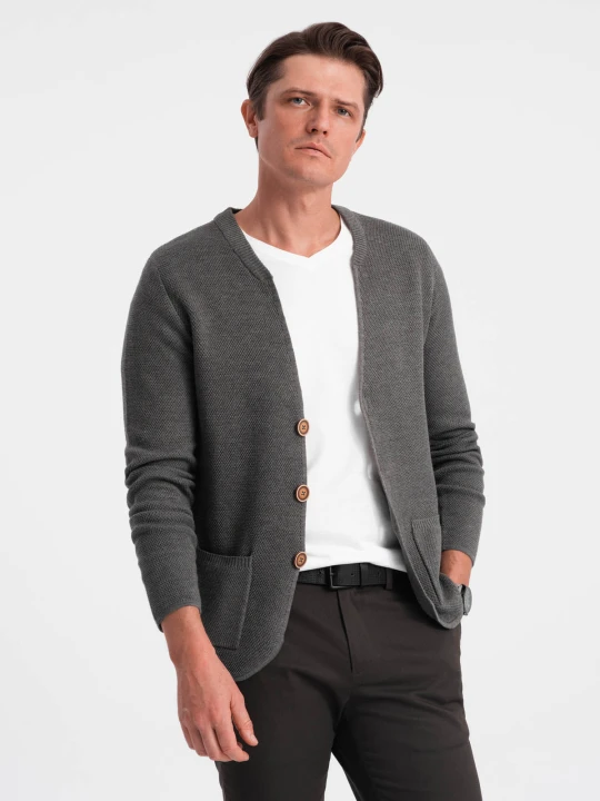 Zdjęcie produktu Dzianinowy męski kardigan z kieszeniami i ozdobnymi guzikami – grafitowy melanż V2 Ombre Clothing