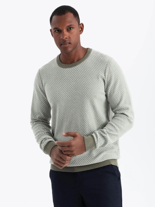 Zdjęcie produktu Dzianinowy męski sweter RELAXED FIT we wzory – oliwkowy V2 - Rozmiar: XL Ombre Clothing granatowy