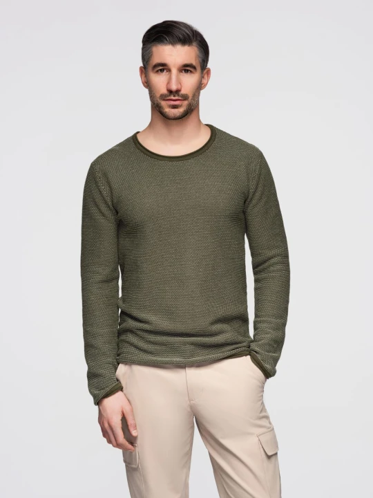 Zdjęcie produktu Dzianinowy męski sweter w strukturalne kropki – oliwkowy V2 - Rozmiar: M Ombre Clothing