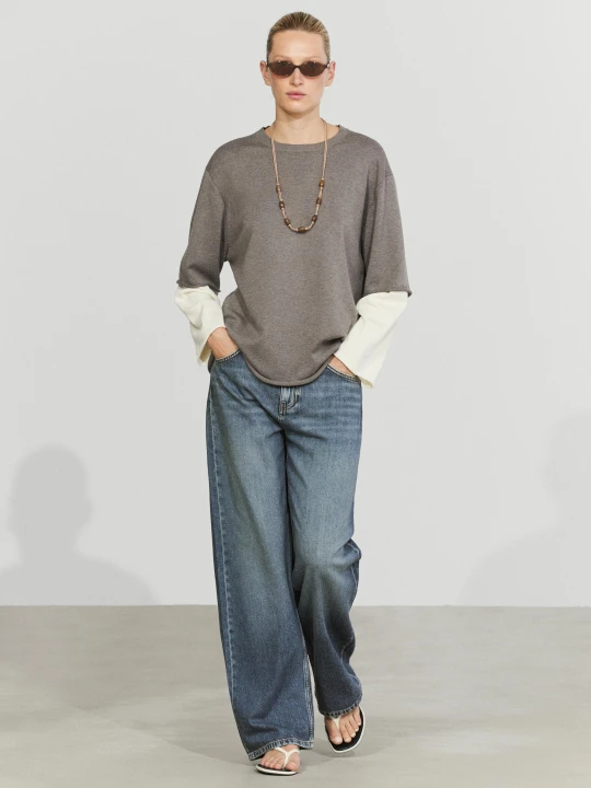Zdjęcie produktu Dzianinowy Sweter Oversize Z Podwójnym Rękawem - Ciemny Khaki - Massimo Dutti - Female