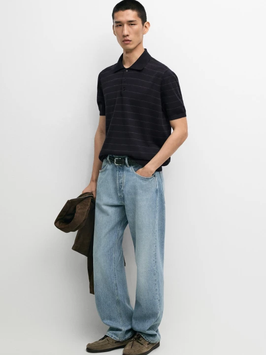 Zdjęcie produktu Dzianinowy Sweter Polo W Paski Z Krótkim Rękawem - Granatowy - Massimo Dutti - Male