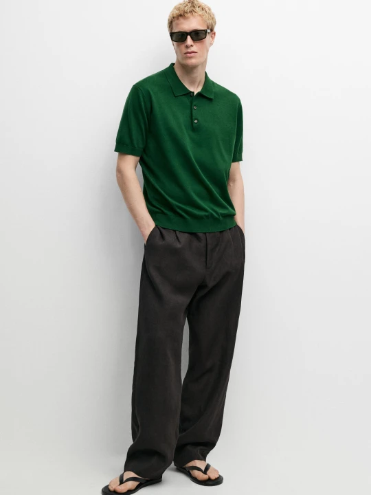Zdjęcie produktu Dzianinowy Sweter Polo Ze 100% Bawełny - Zieleń Mchu - Massimo Dutti - Male