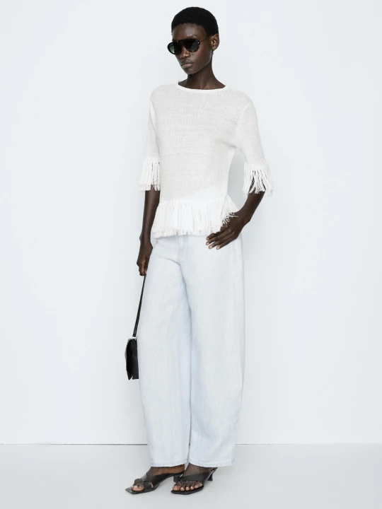 Zdjęcie produktu Dzianinowy Sweter Z Frędzlami - Studio - Biały - Massimo Dutti - Female