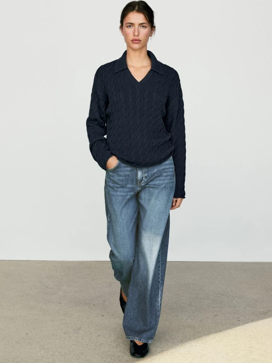 Zdjęcie produktu Dzianinowy Sweter Z Kołnierzykiem Polo Z Mieszanki Bawełny - Granatowy - - Massimo Dutti - Kobieta