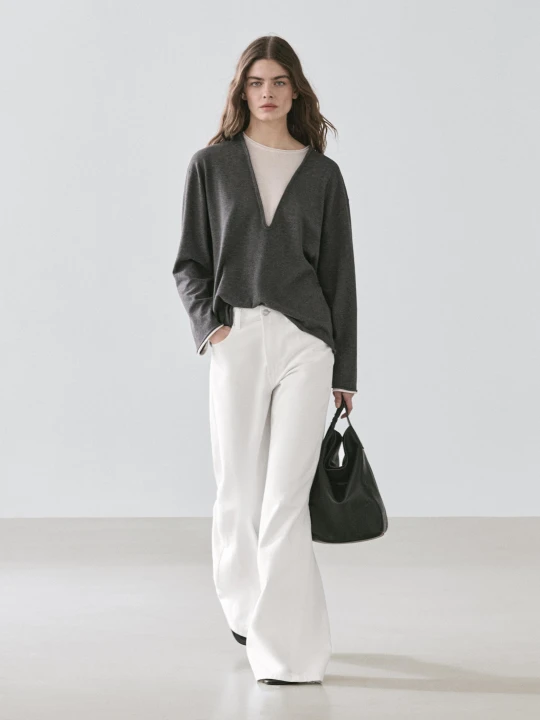 Zdjęcie produktu Dzianinowy Sweter Z Mieszanki Bawełnianej - Brudnoszary - Massimo Dutti - Female