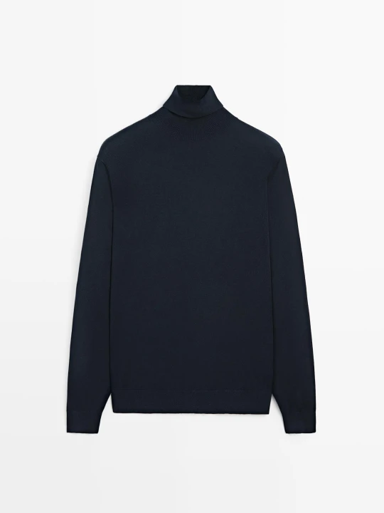 Zdjęcie produktu Dzianinowy Sweter Z Mieszanki Bawełny Z Golfem - Granatowy - Massimo Dutti - Male