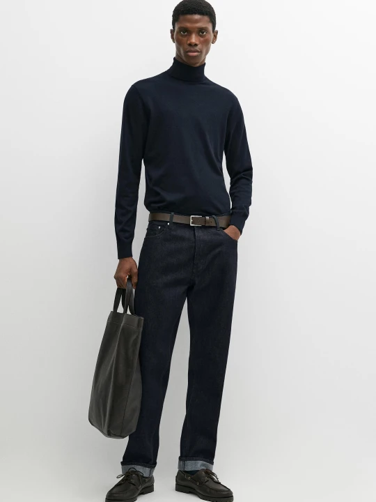 Zdjęcie produktu Dzianinowy Sweter Z Mieszanki Bawełny Z Golfem - Granatowy - Massimo Dutti - Male