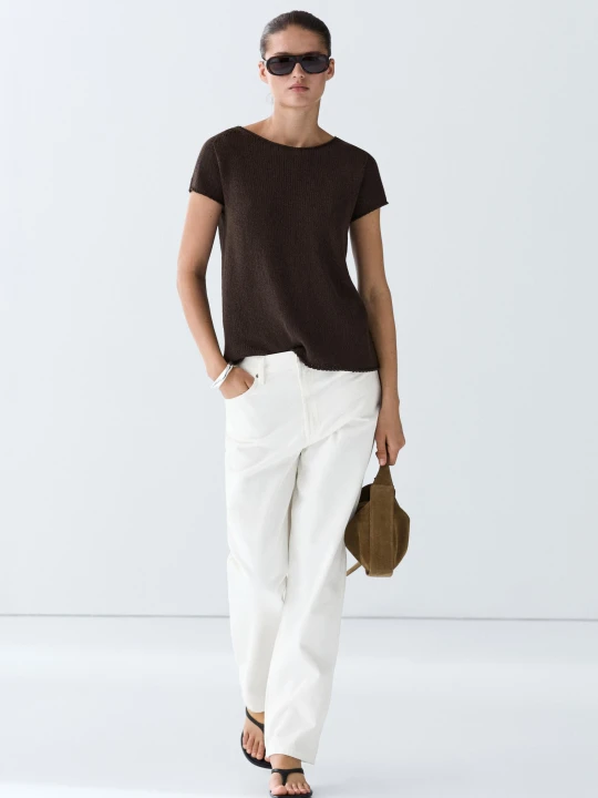 Zdjęcie produktu Dzianinowy Sweter Z Mieszanki Bawełny Z Krótkim Rękawem - Czekoladowy - Massimo Dutti - Female