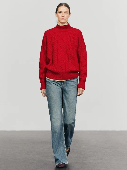 Zdjęcie produktu Dzianinowy Sweter Z Mieszanki Wełny O Splocie Warkoczowym - Czerwony - Massimo Dutti - Female
