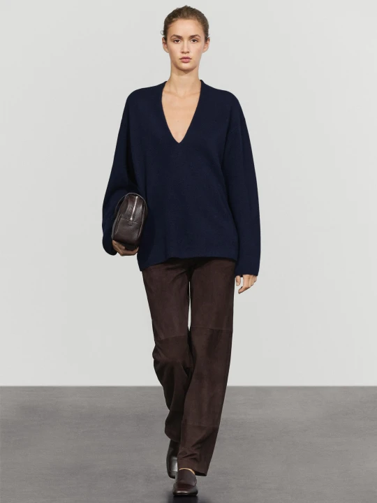 Zdjęcie produktu Dzianinowy Sweter Z Mieszanki Wełny, Z Dekoltem W Serek - Indygo - Massimo Dutti - Female