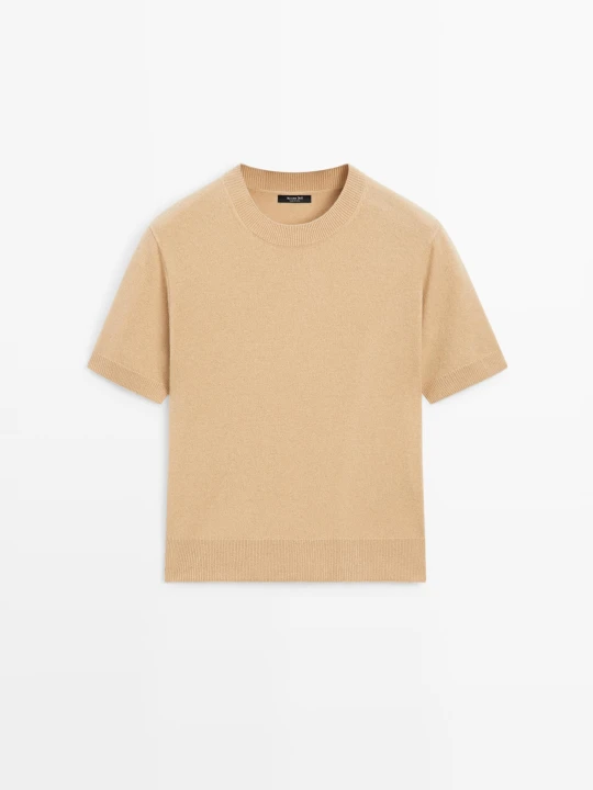 Zdjęcie produktu Dzianinowy Sweter Z Mieszanki Wełny Z Krótkim Rękawem - Wielbłądzi - Massimo Dutti - Female