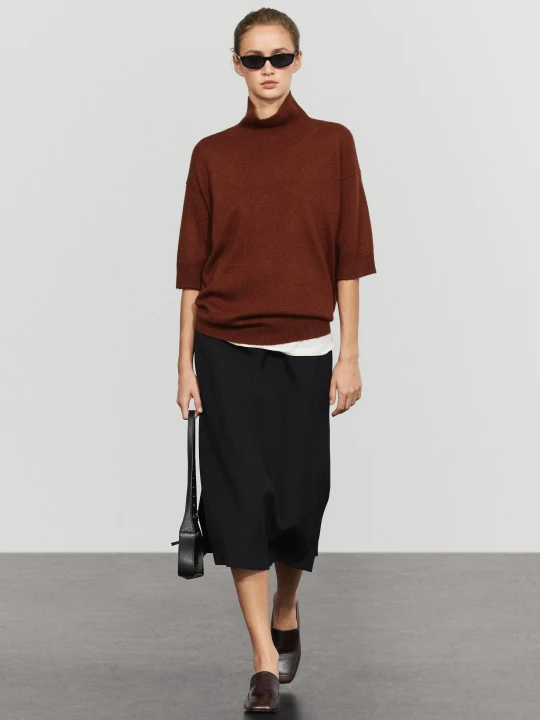 Zdjęcie produktu Dzianinowy Sweter Z Półgolfem, Krótki Rękaw - Bordowy - Massimo Dutti - Female