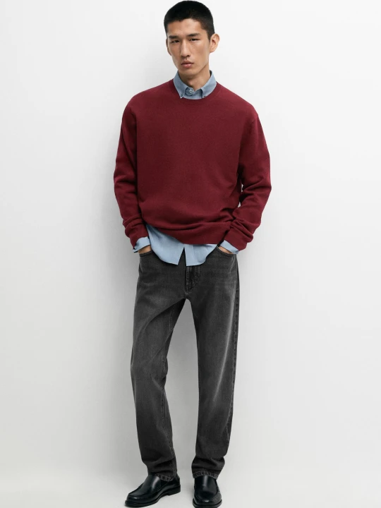 Zdjęcie produktu Dzianinowy Sweter Z Prążkowanej Dzianiny Ze 100% Kaszmiru - Ciemnoczer - Massimo Dutti - Male