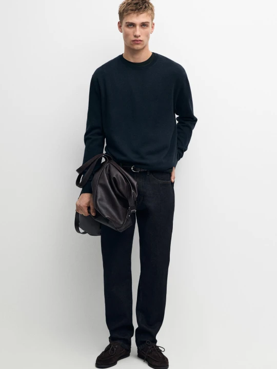 Zdjęcie produktu Dzianinowy Sweter Z Prążkowanej Dzianiny Ze 100% Kaszmiru - Granatowy - Massimo Dutti - Male