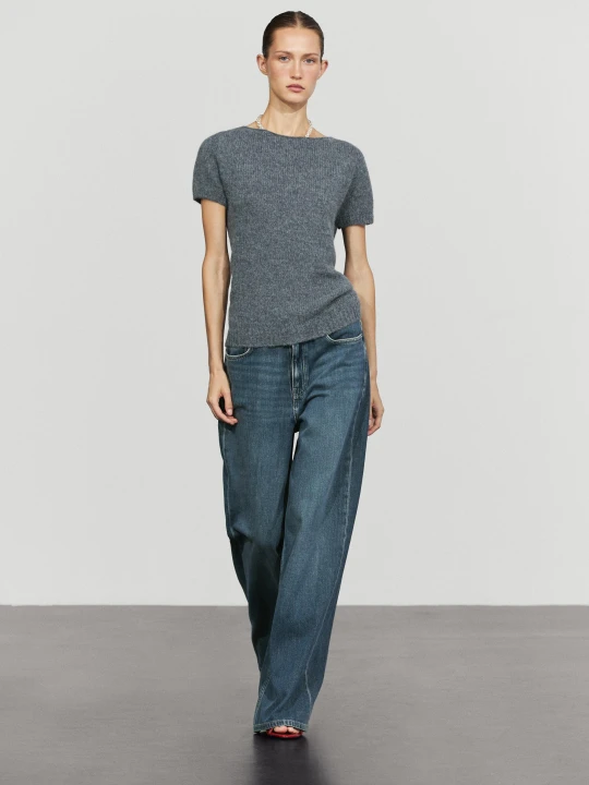 Zdjęcie produktu Dzianinowy Sweter Z Wełną Z Alpaki I Krótkim Rękawem - Szaroniebieski - Massimo Dutti - Female