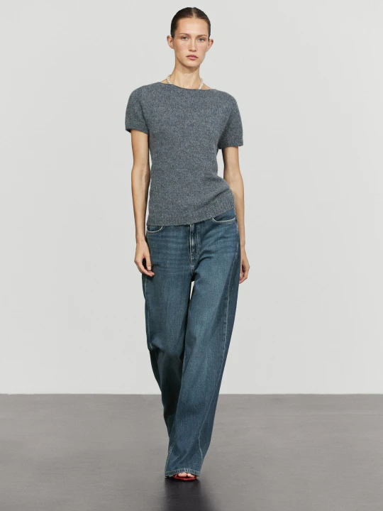 Zdjęcie produktu Dzianinowy Sweter Z Wełną Z Alpaki I Krótkim Rękawem - Szaroniebieski - Massimo Dutti - Female
