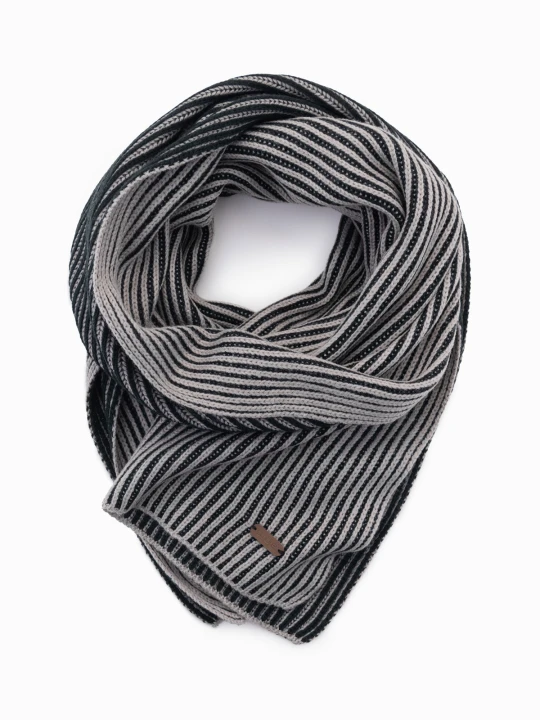 Zdjęcie produktu Dzianinowy szalik męski w dwukolorowe prążki – szaro-czarny V1 Ombre Clothing