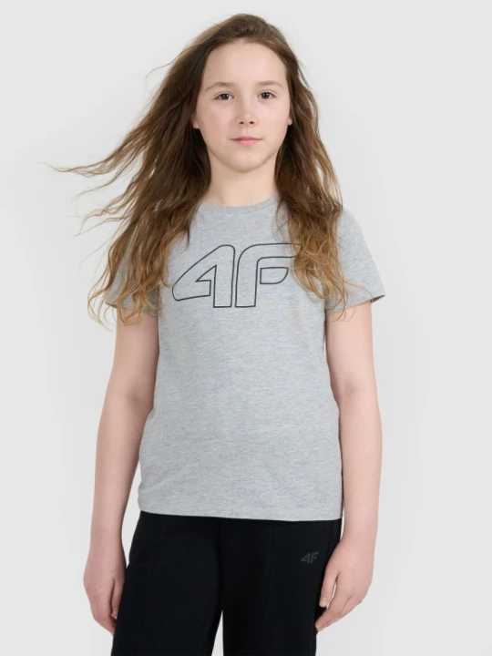 Zdjęcie produktu Dziewczęca koszulka oversize z nadrukiem 4F 4FJWMM00TTSHF2333 - szara