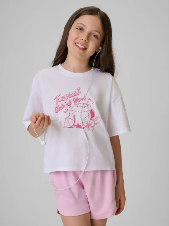 Zdjęcie produktu Dziewczęcy crop top z nadrukiem 4F 4FJRSS26TTSHF3983 - biały