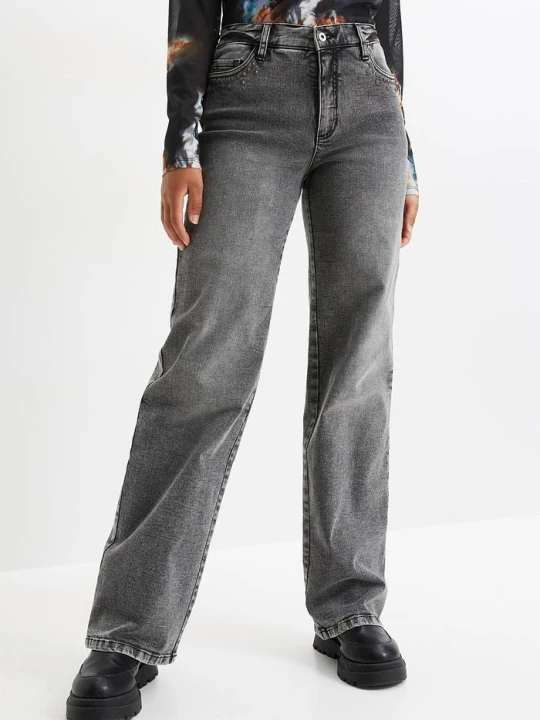 Zdjęcie produktu Jeansy Marlena z ćwiekami, high waist BonPrix szary
