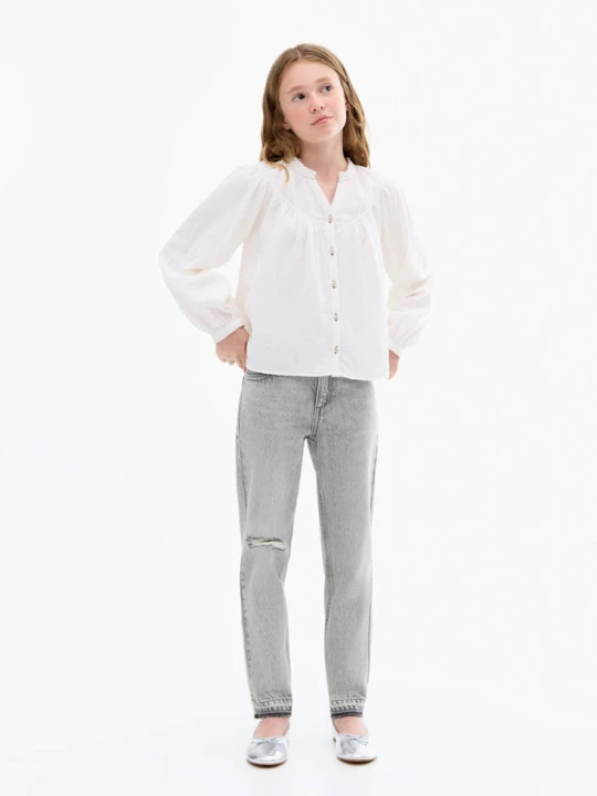 Zdjęcie produktu Dżinsy mom fit z ozdobnymi rozdarciami szary denim - Dzieci - MANGO KIDS