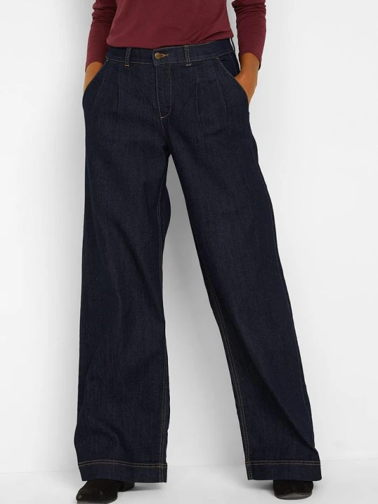 Zdjęcie produktu Jeansy o kroju wide leg, high waist z wygodnym pasem BonPrix niebieski
