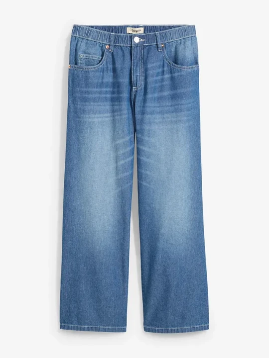 Zdjęcie produktu Dżinsy Straight, mid waist, z wygodnym paskiem, łów stretch, cropped BonPrix niebieski