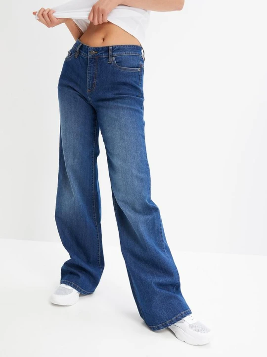 Zdjęcie produktu Dżinsy wide leg, mid waist, ze stretchem BonPrix niebieski