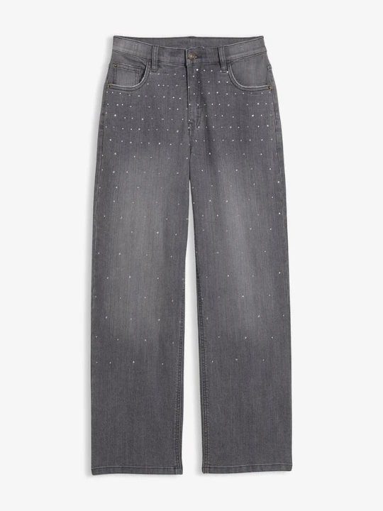 Zdjęcie produktu Dżinsy wide leg ze sztrasami, średni stan BonPrix szary