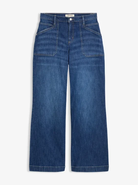 Zdjęcie produktu Jeansy z szerokimi nogawkami, mid waist, i naszywanymi kieszeniami BonPrix niebieski