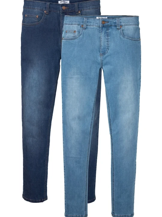 Zdjęcie produktu Dżinsy z wysoką domieszką stretchu ze zwężaną nogawką, slim fit (2 szt.) BonPrix niebieski