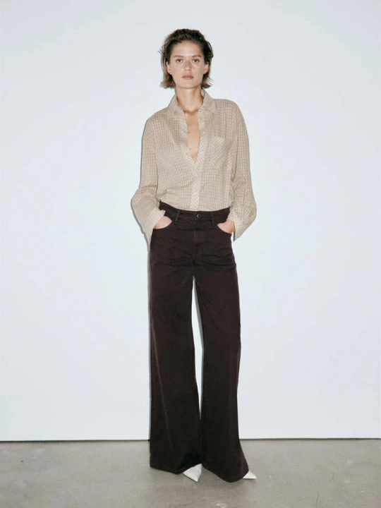 Zdjęcie produktu Jeansy wide leg z wysokim stanem czekoladowy - Kobieta - MANGO